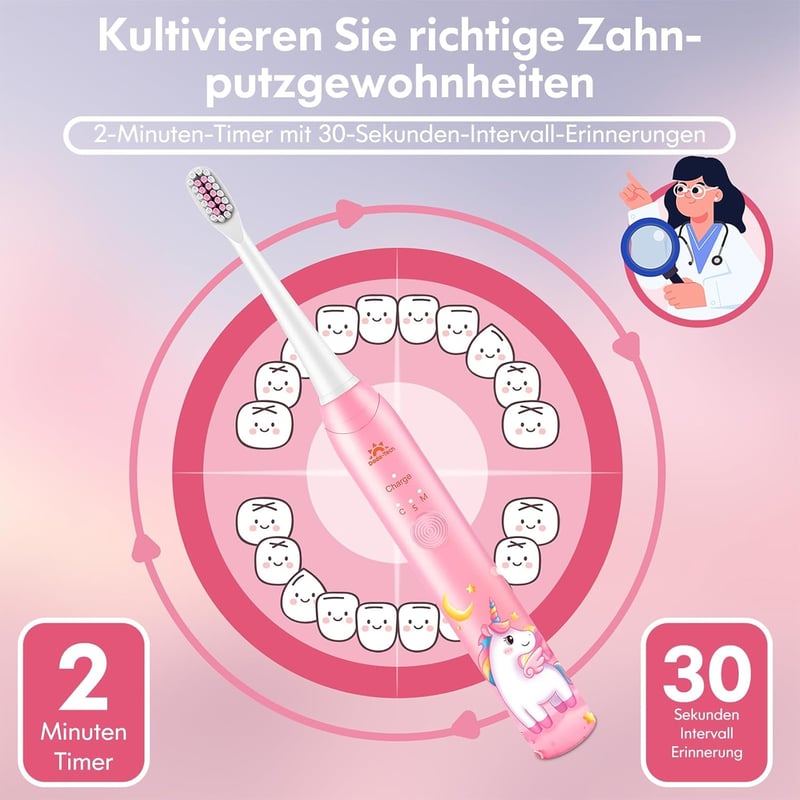 DADA-TECH Elektromos Gyerek Fogkefe 3-12 Éveseknek - Unikornis Rózsaszín, 3 Üzemmód, Időzítő, Szokásformáló Matricák, Újratölthető