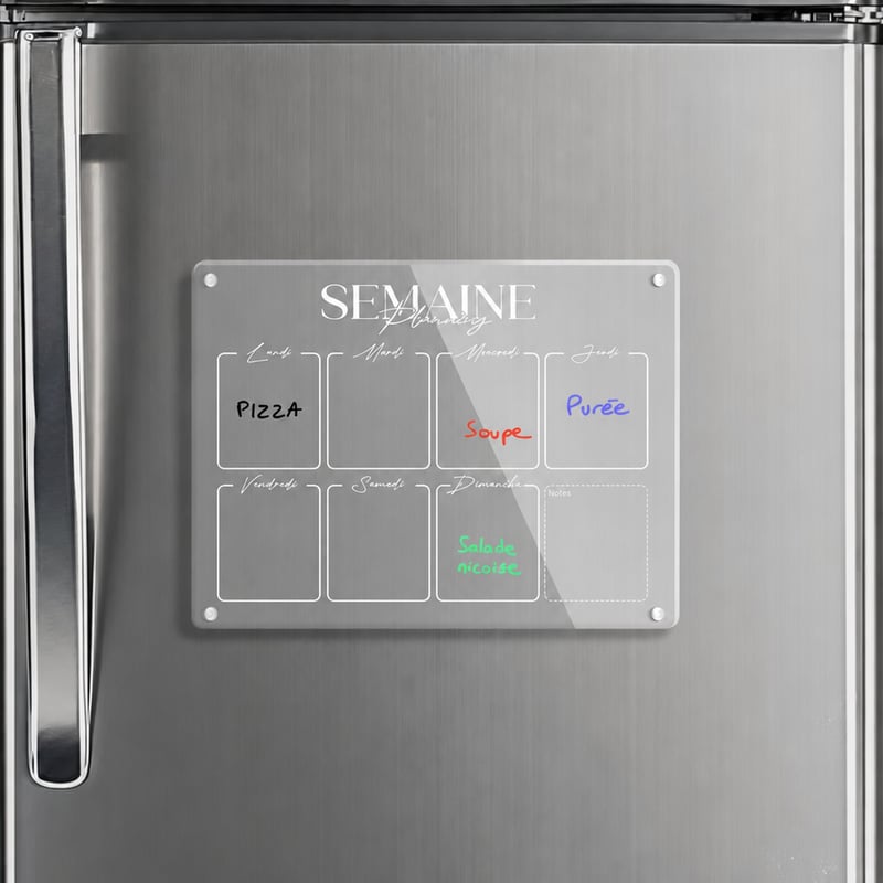 SKYCROO Priehľadná akrylová magnetická týždenná plánovacia tabuľa na chladničku so stierateľným povrchom, magnetickými fixkami a držiakom, súprava — 1-dielna súprava