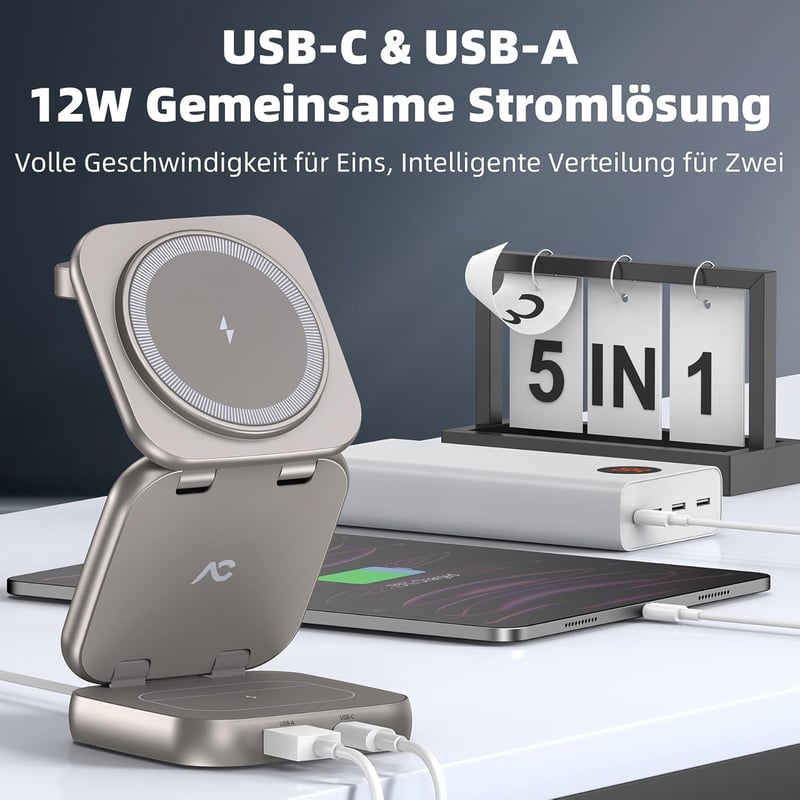 AC ISLAND 5 az 1-ben MagSafe Töltőállomás iPhone 16/15/14/13/12, Apple Watch és AirPods Készülékekhez - Összecsukható Utazási Vezeték Nélkül