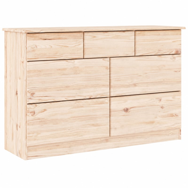 vidaXL ALTA tömör fenyőfa komód 112x35x73 cm, csavarok és gombok nélkül — csavarkészlet és gombok nélkül (állapot: lásd a 2. képet)