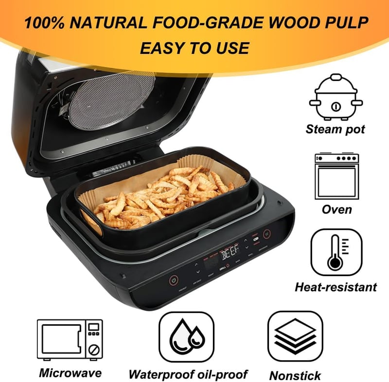 BYKITCHEN Sütőpapír Ninja Foodi MAX Grillhez és Airfryerhez - 100db Tapadásmentes Légkeveréses Sütőlap AG551EU Modellhez, 27,8×15cm