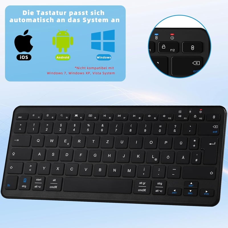 Qulose Vezeték Nélküli Bluetooth Billentyűzet - Újratölthető Mini Klaviatúra USB-C, Ultravékony Ergonomikus Dizájn, QWERTZ, Android/iOS/Wind