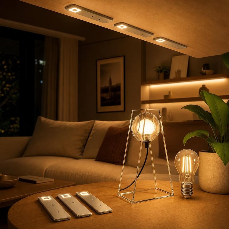 Topla večernja atmosfera: 3x LED spot + staklena stolna lampa + prigušiva E27 žarulja