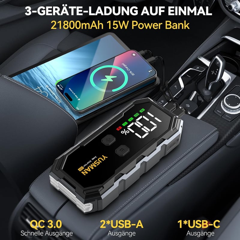 YUSMAN 6000A Autós Bikázó Powerbank 21800mAh - 12V Indításrásegítő Minden Autóhoz, LCD Kijelzővel, 4 LED Világítási Móddal és Gyorstöltéssel