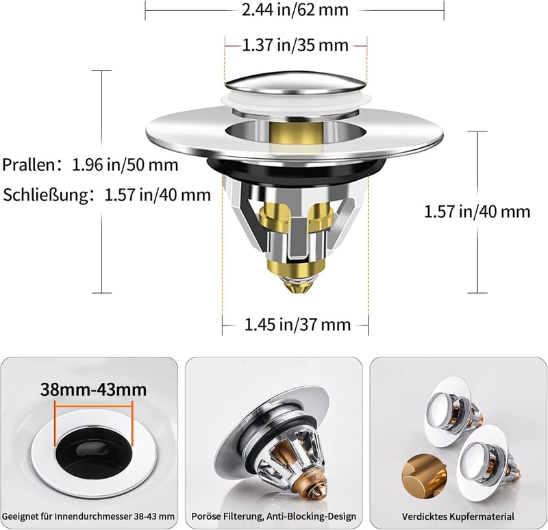 Univerzális Lefolyódugó Szűrővel Mosdóhoz és Kádhoz (38-43mm)
