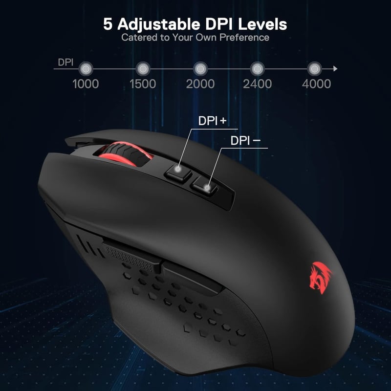 Redragon M656 Gainer vezeték nélküli gamer egér, 4000 DPI, 7 makrógomb, piros LED