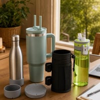Turistický set na nápoje: 2x chránič fliaš + 1,2l termohrnček + držiak s vreckom + 750ml športová fľaša 1