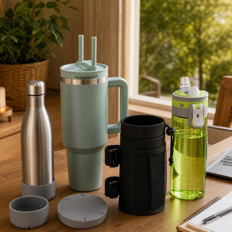Turistický set na nápoje: 2x chránič fliaš + 1,2l termohrnček + držiak s vreckom + 750ml športová fľaša