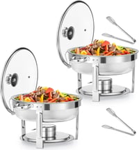 Wilprep 5,5 L Rozsdamentes Acél Ételmelegítő Szett 2 db - Kerek Chafing Dish Üvegfedővel, Ételtároló Edény Éttermeknek, Büféknek, Rendezvény 6