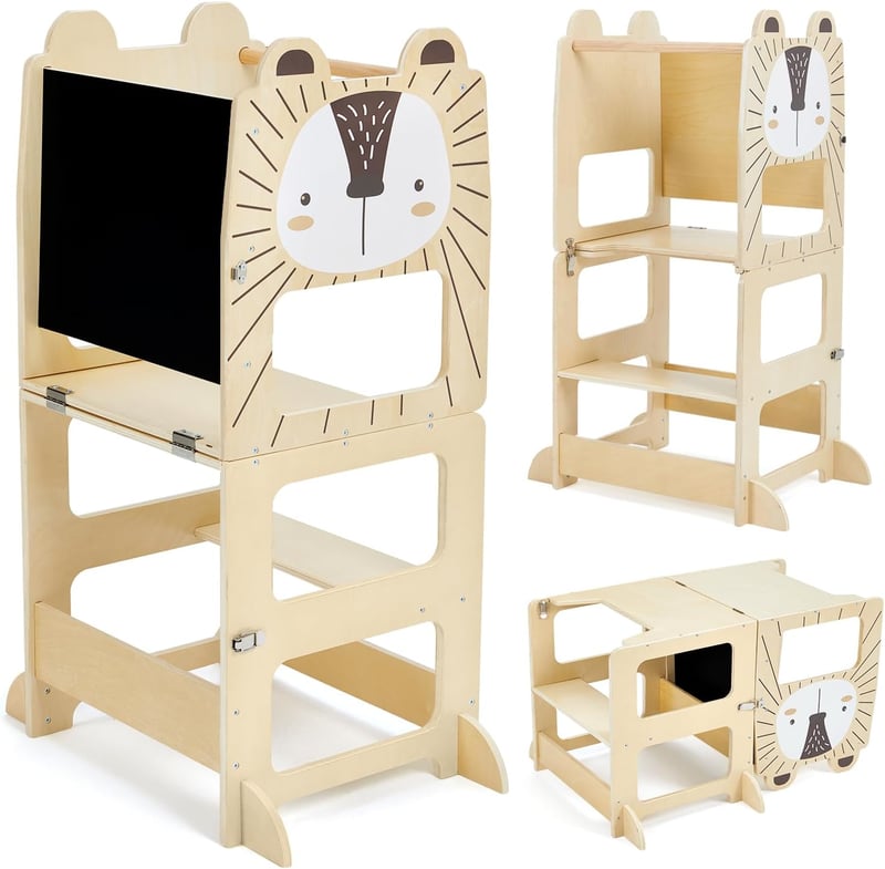 labebe Montessori Tanulótorony Gyerekeknek - Összecsukható Fa Konyhai Segítő Állvány 1 Éves Kortól, Táblával, 3 az 1-ben Funkció, 50 kg Tehe