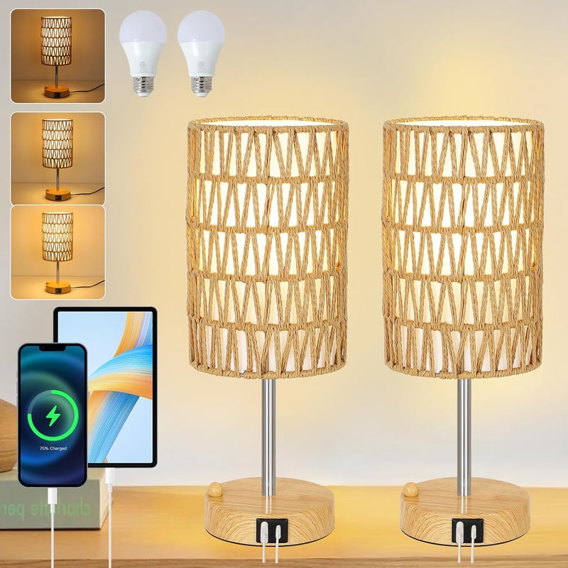 Rayofly Érintésvezérelt Éjjeli Lámpa Szett - 2 db Rattan Búrás Vintage Asztali Lámpa USB-A/C Töltővel, LED Izzóval, Bohém Stílusban Hálószob