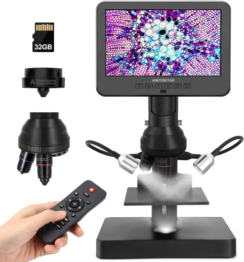 Andonstar AD246S-P HDMI Digitális Mikroszkóp 7" Képernyővel, 4000x Nagyítás, 2160P UHD Videófelvétel, Érmevizsgáló és Biológiai Készlet Feln