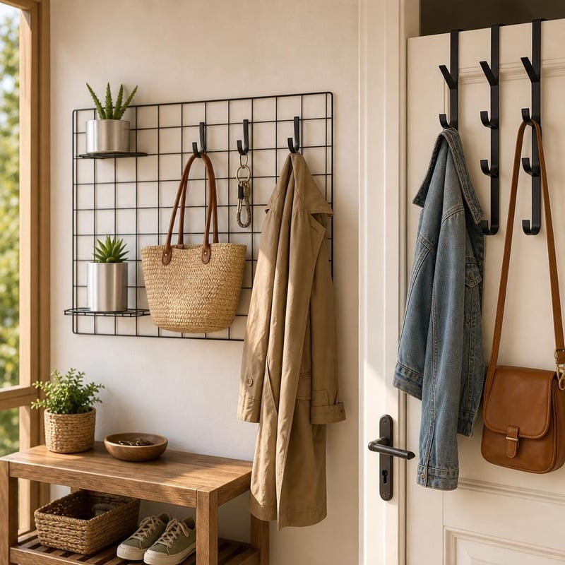 Organizér do predsiene: čierny panel 45×65 cm + 6× pogumovaný hák + 4× dverový vešiak s 5 hákmi