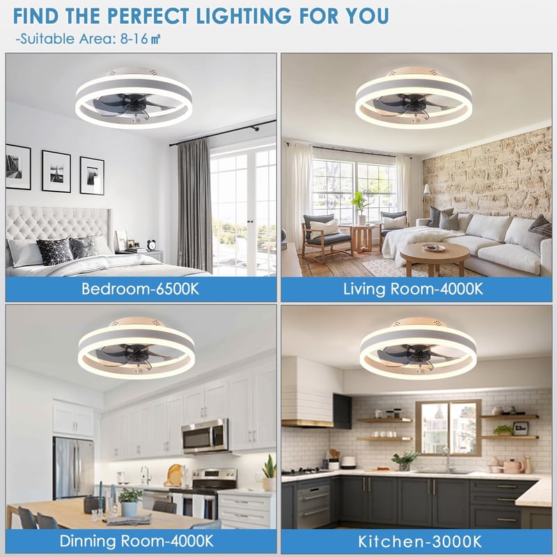 MOSSCO Mennyezeti Ventilátor LED Világítással, 40 cm, Távirányítós, Applikációval Vezérelhető, 3 Fényerő, 6 Sebességfokozat, Csendes Működés