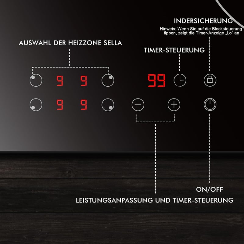 Karinear 60 cm-es üvegkerámia főzőlap 4 égővel, 6000 W, gyermekzár és időzítő
