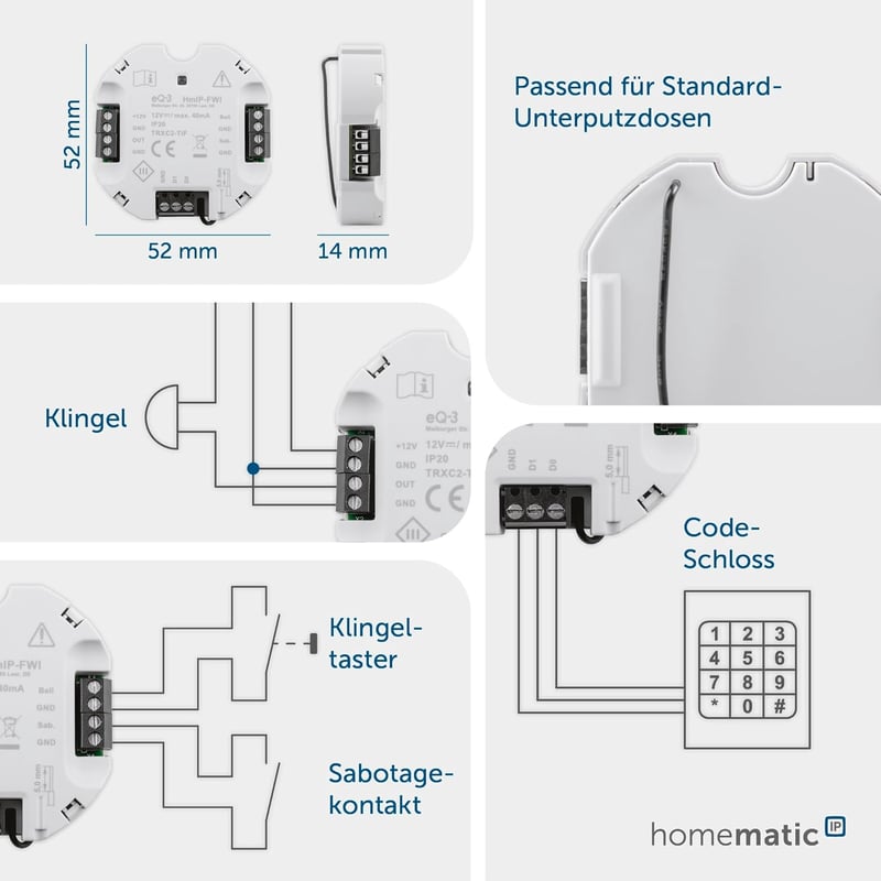 Homematic IP Wiegand Interfész - Smart Home Rendszerbe Integrálható Kódzár Csatlakozó, Szürke, 12V, eQ-3 AG HmIP-FWI