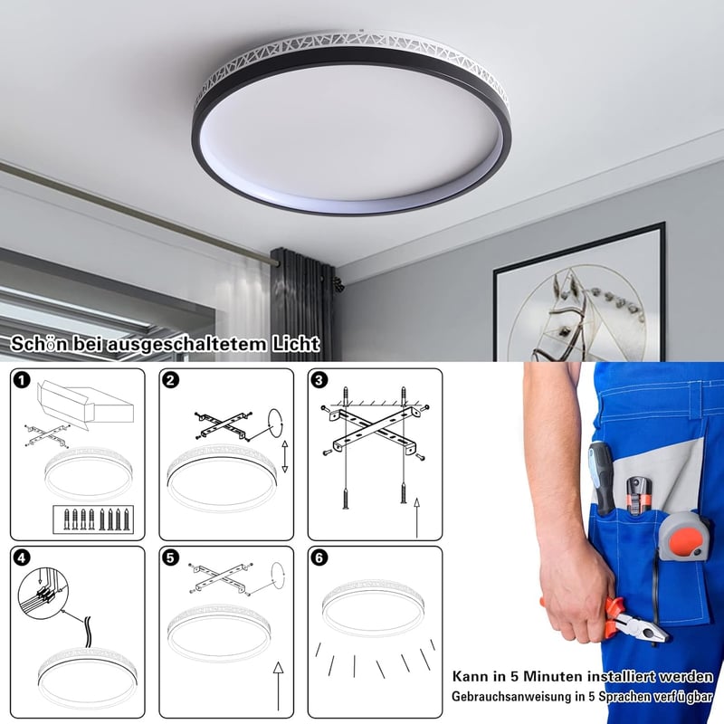 SEATAIN LED Mennyezeti Lámpa 50W - Fekete, Kerek, 50cm, Távirányítós, Fényerőszabályozható, 3000K-6000K, 5000lm, Memória Funkcióval, Éjszaka