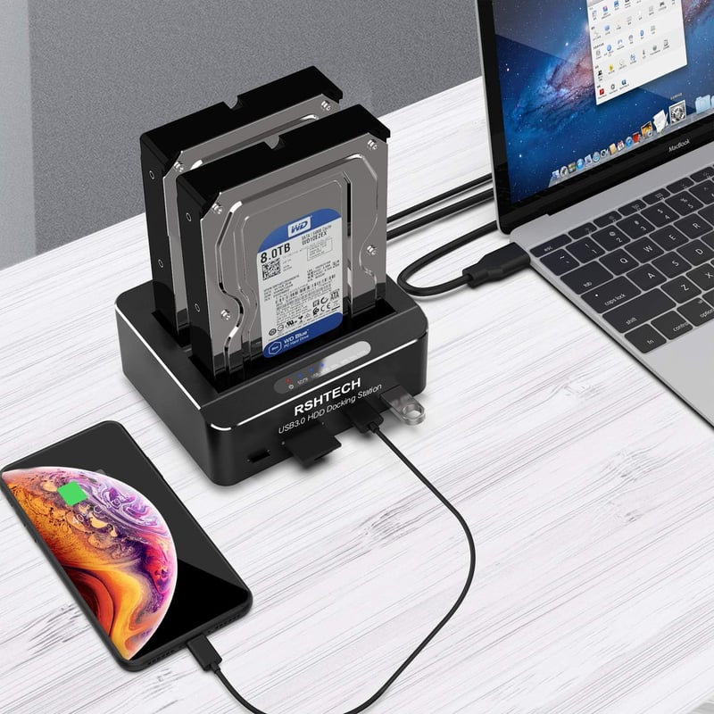 RSHTECH USB 3.0 Alumínium HDD/SSD Dokkoló 2 Tárhelyhez, Klónozással, SD/TF Kártyaolvasóval