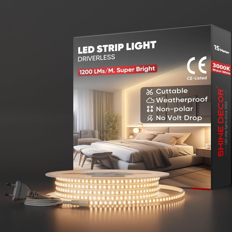 Shine Decor LED Szalag 15m - IP65 Vízálló, 220-230V, SMD 2835, 120 LED/m, Meleg Fehér Világítás Beltéri és Kültéri Dekorációhoz, Konyhába, K