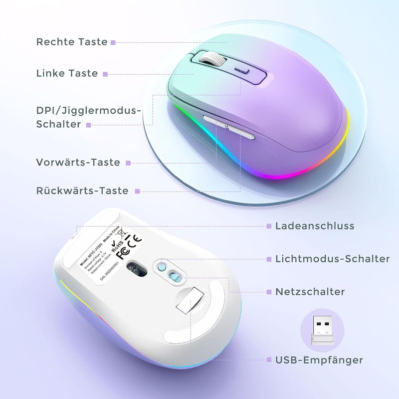 Seenda LED Vezeték Nélküli Egér, Újratölthető Jiggler Funkcióval, Csendes 2.4G USB Egér Laptophoz, 2000 DPI, Világító, Világoszöld-Lila