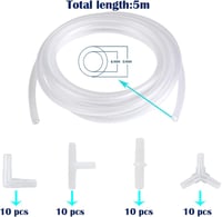 CTRICALVER Akvárium Levegőcső Csatlakozó Készlet 40db - Y/T/L/I Típusú Elágazások, 5mm Külső/4mm Belső Átmérő, 5m Átlátszó Oxigéncső 5