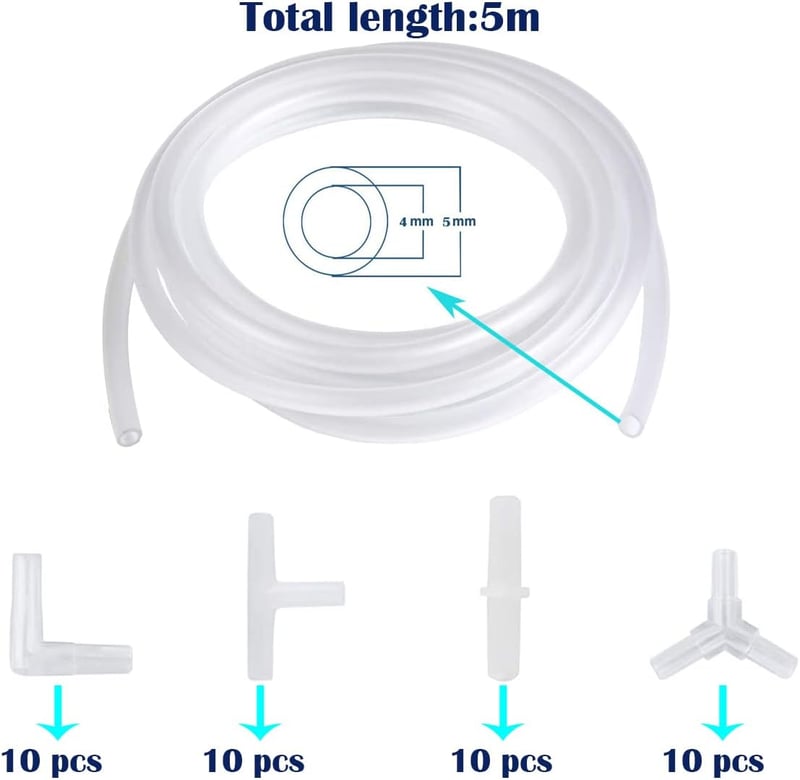 CTRICALVER Akvárium Levegőcső Csatlakozó Készlet 40db - Y/T/L/I Típusú Elágazások, 5mm Külső/4mm Belső Átmérő, 5m Átlátszó Oxigéncső