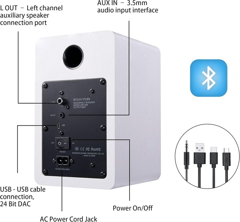 Sanyun SW208 3" Aktív Bluetooth 5.0 Polchangszóró Pár - 60W Szénszálas Hangszóró, Beépített 24-bit DAC, Dinamikus 3D Hangzás, PC Monitor Han