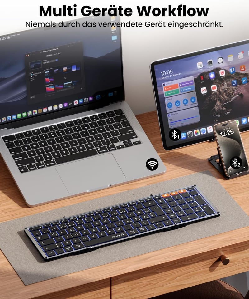ProtoArc XK01 Plus Bluetooth QWERTZ Összecsukható Billentyűzet Numerikus Résszel - 3 Csatornás Kapcsolat iPad iOS Android Windows Eszközökhö