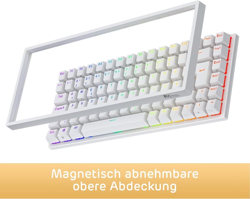 RK ROYAL KLUDGE RK84-DE 75% Kompakt Mechanikus Gamer Billentyűzet, TKL, Kék Kapcsolók, RGB Háttérvilágítás, Bluetooth, 2.4 GHz, Mac és Windo