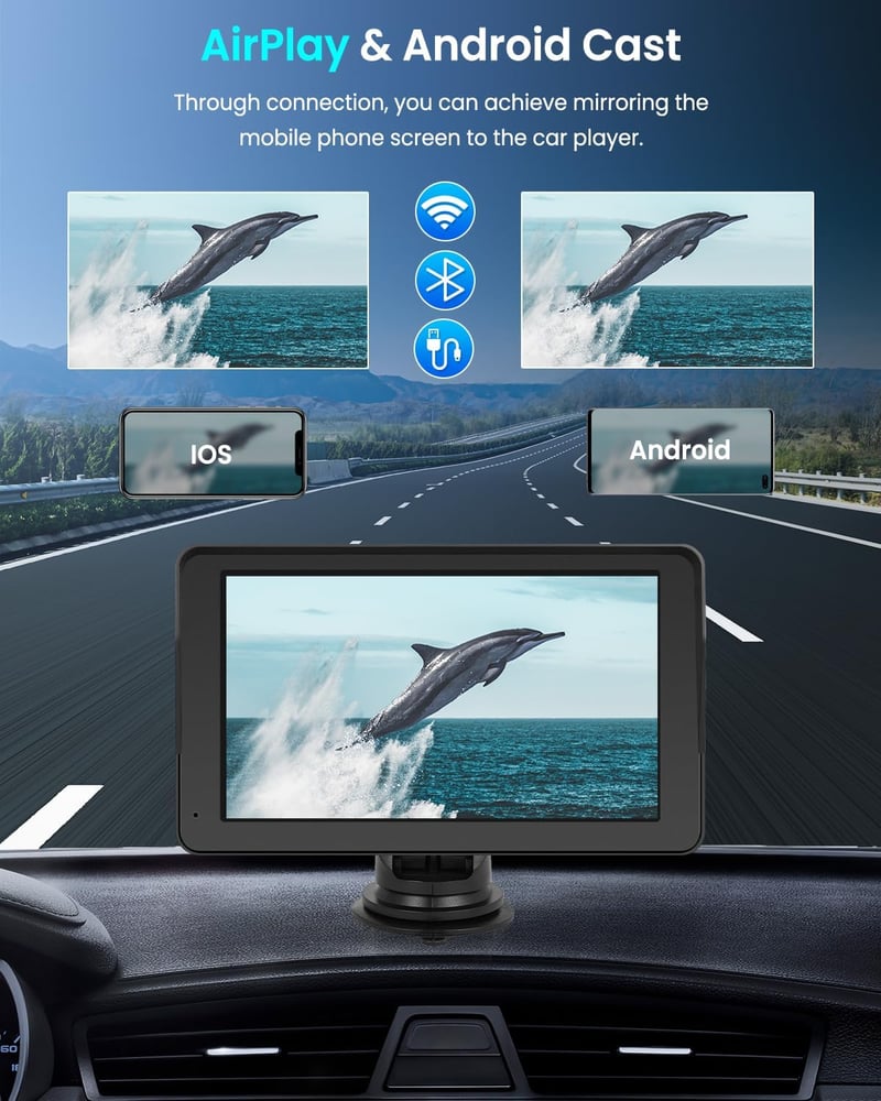 Rimoody 7" Hordozható Autórádió Carplay Android Támogatással - Érintőképernyős, Dual Bluetooth, FM Transmitter, GPS, Hangvezérlés, Airplay/A