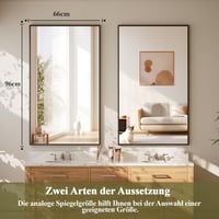 BEAUTYPEAK Fekete Fali Tükör Alumínium Kerettel, 96x66 cm, Törésálló Üveg, Fürdőszobába, Hálószobába, Nappaliba, Téglalap Alakú 3