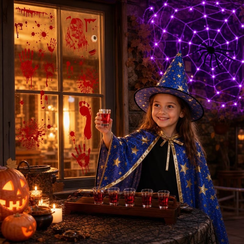Halloween party set: 174x naljepnice + 80 LED paukova mreža + čarobnjački ogrtač + 6x čašice za shot