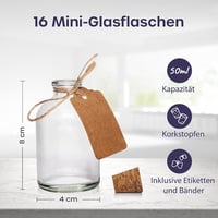 volila Mini Üvegpalackok Parafa Dugóval - 16 x 50 ml Kis Üvegek Esküvői Dekorációhoz - Tölcsérrel, Címkékkel és Zsinórral - Ajándék Vendégek 2