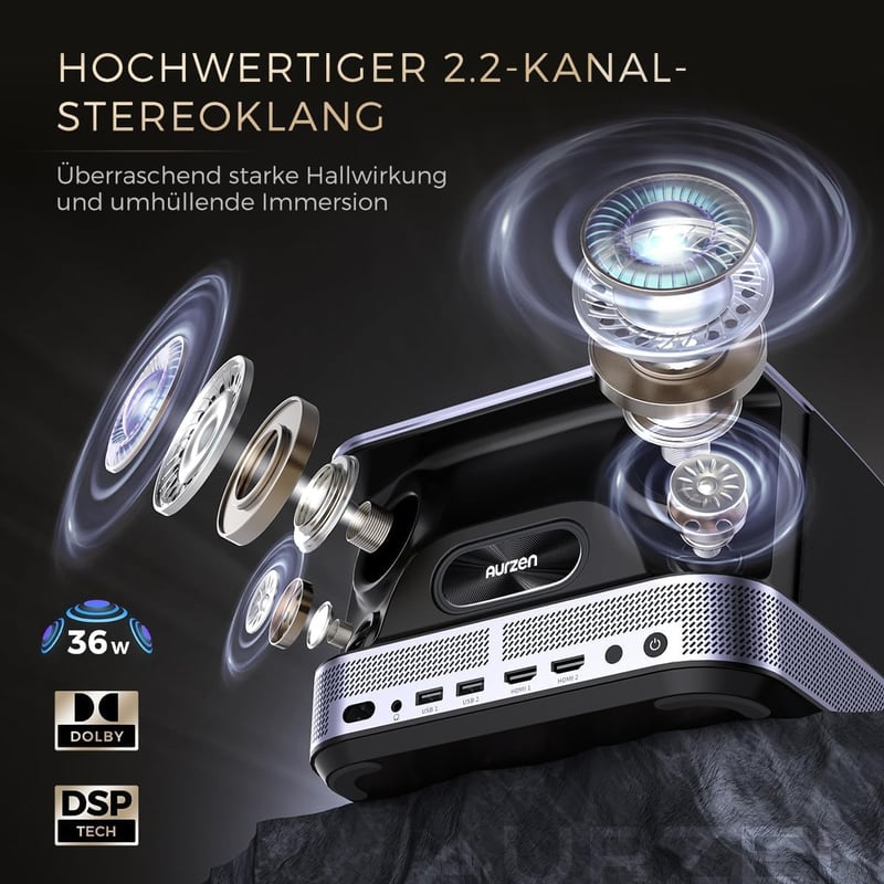 AURZEN Boom 3 Projektor Hivatalos Netflix 3D Dolby Hangzással - 4K Autofókusz, WiFi6, Bluetooth, HDR10, 1080P Full HD Házimozi Vetítő