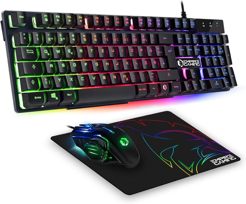 EMPIRE GAMING MK800 3 az 1-ben Gamer Szett - RGB Gamer Billentyűzet QWERTZ Német Kiosztás, Ergonomikus RGB Egér 2400 DPI, Egérpad PC PS4 PS5 - K800 Wired Schwarz