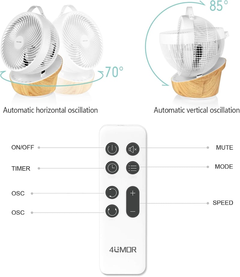 4UMOR Csendes Asztali Ventilátor 20dB 12 Fokozat 8H Timer 30m² Fehér
