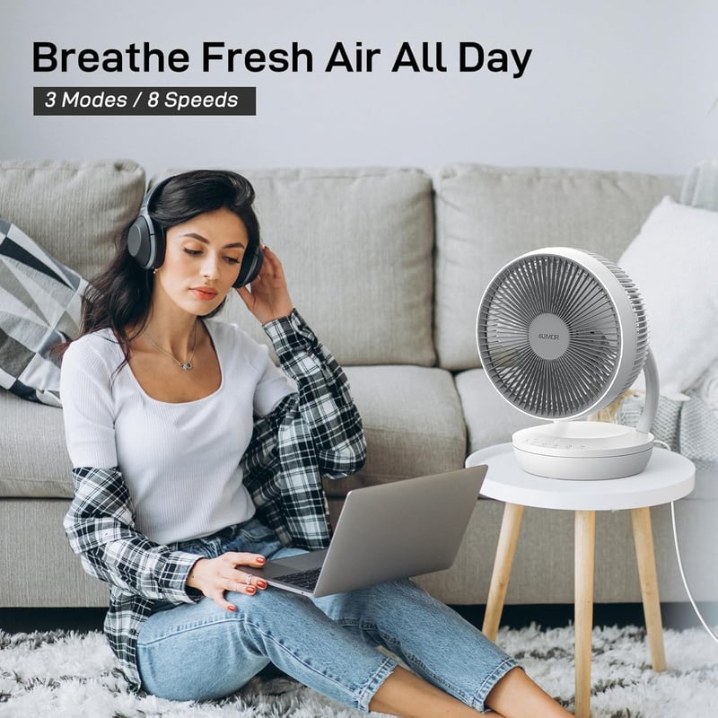 4UMOR Csendes Asztali Ventilátor 20dB, 8 Sebességgel, Időzítővel és Légkeringető Funkcióval - White, Modern and compact