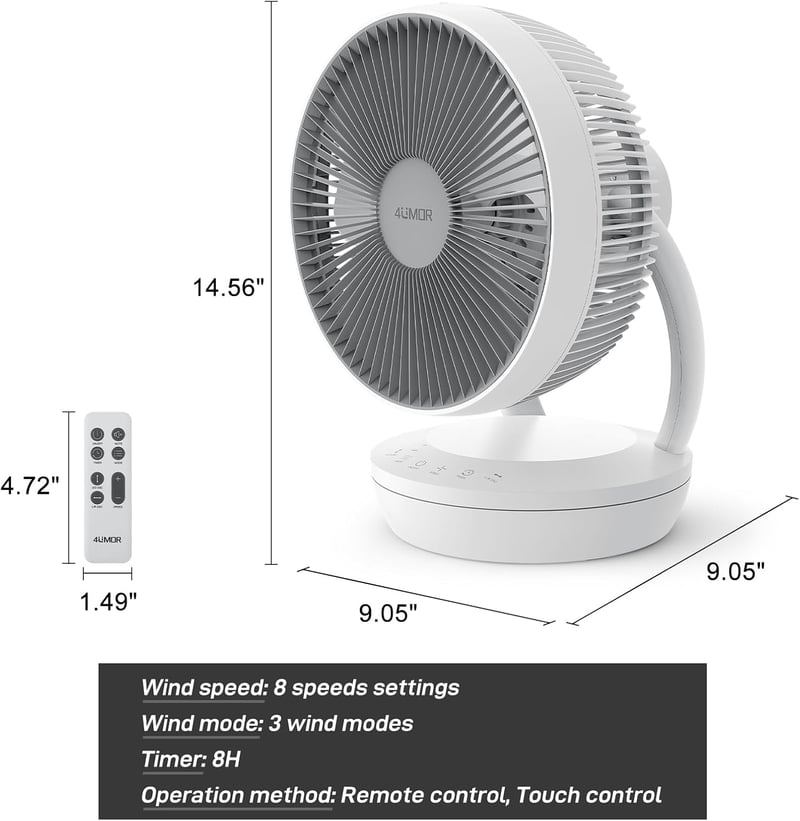 4UMOR Csendes Asztali Ventilátor 20dB, 8 Sebességgel, Időzítővel és Légkeringető Funkcióval - White, Modern and compact