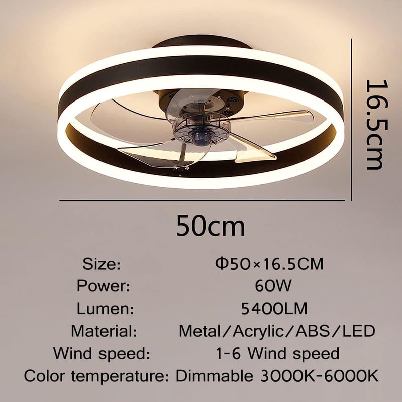 50 cm Mennyezeti Ventilátor Beépített Világítással – 60W LED Mennyezeti Lámpa Ventilátorral, 3 Színhőmérséklet, 6 Sebesség, Halk Ventilátoros Lámpa Nappaliba és Hálószobába