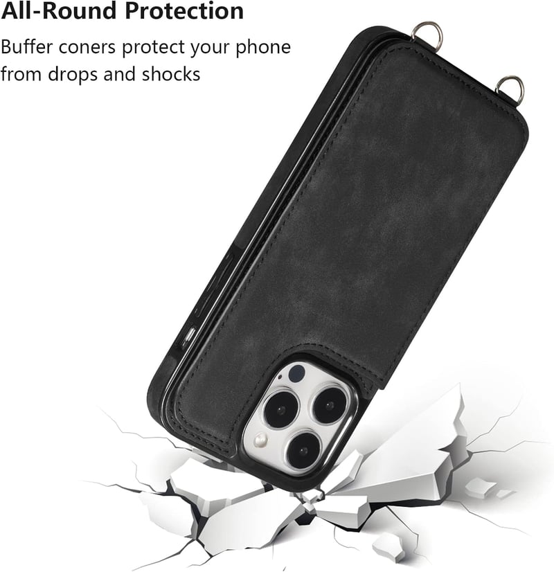 iPhone 14 Pro Max Fekete Bőr Tok Kártyatartóval és Nyakpánttal - ZTOFERA