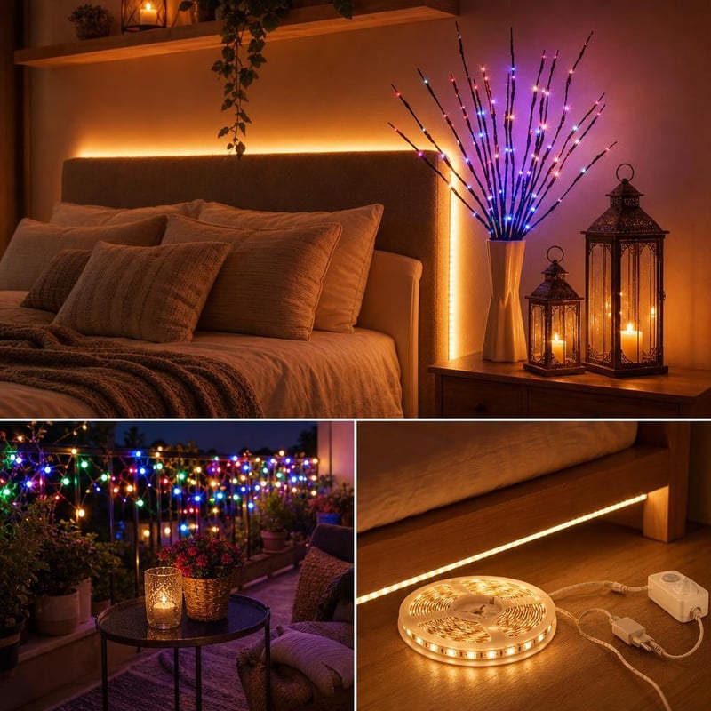 Čarolija svjetla za spavaću sobu: 3x LED grane + 5m LED traka sa senzorom + 300 LED lampica + 2x fenjera