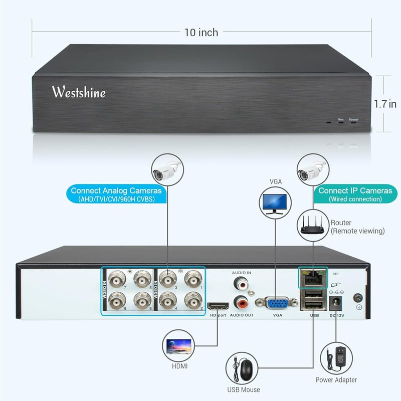 WESTSHINE 8 Csatornás DVR 5MP Lite Biztonsági Rögzítő - 5-in-1 Hibrid Rendszer, H.265+, Mozgásérzékelés, Távoli Hozzáférés, 4K Kimenet