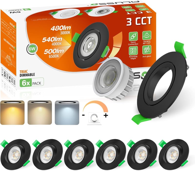 ALUSSO 6 db LED Süllyesztett Spotlámpa, 45° Dönthető, 3 Színhőmérséklet 540lm, Fekete, Szabályozható, 60°/120° Fényszög