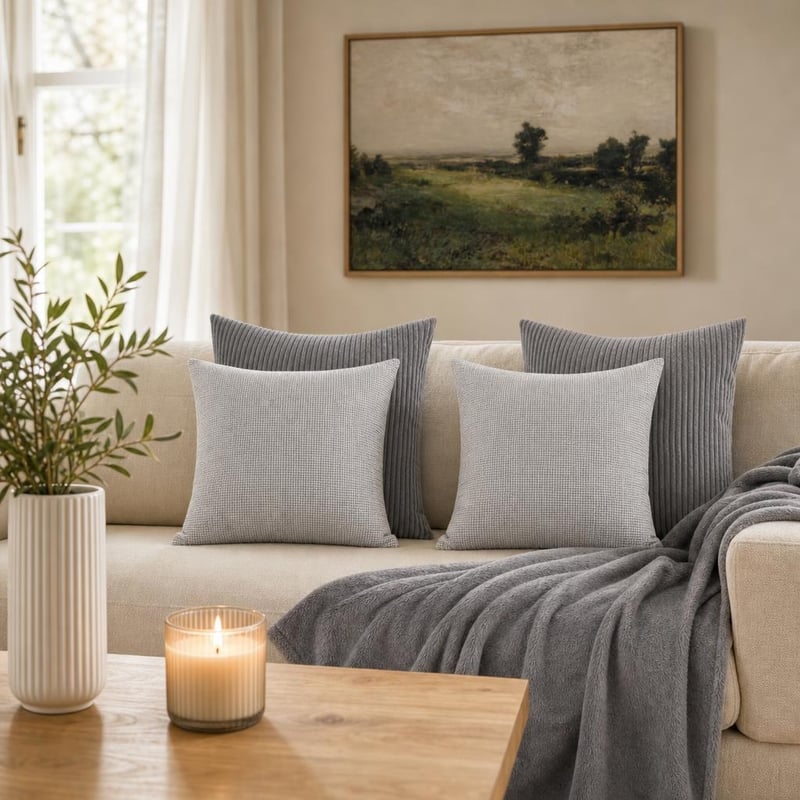 Set decor living: 4 huse pernă + pled + vază + tablou + lumânare