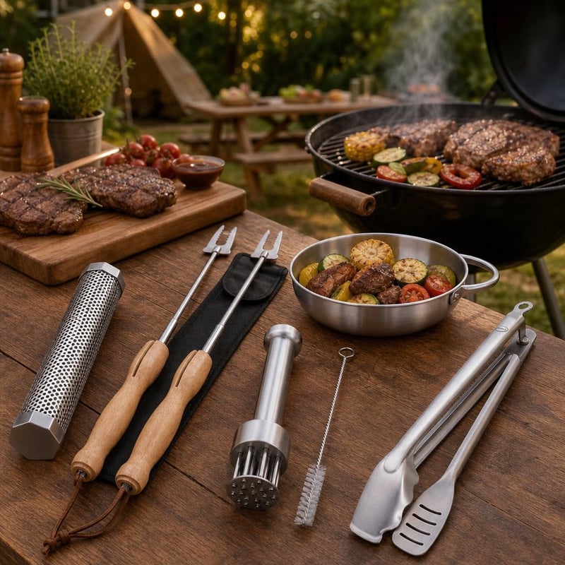 Kertparti grillvarázs: füstölőcső + 2 db grillvilla + húspuhító + grillcsipesz + kempingtál