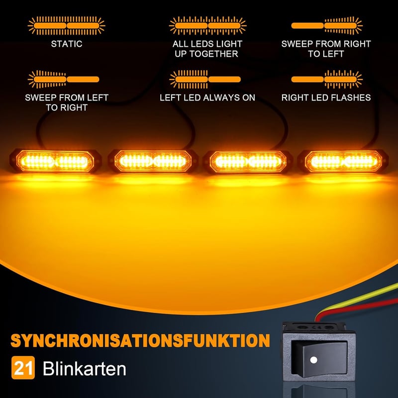 Dinfu 4x12 LED Figyelmeztető Villogó Lámpa - 12V/24V, 48W, Narancssárga, 21 Villogási Móddal, IP67 Vízálló, Autó, Teherautó, Traktor Kompati