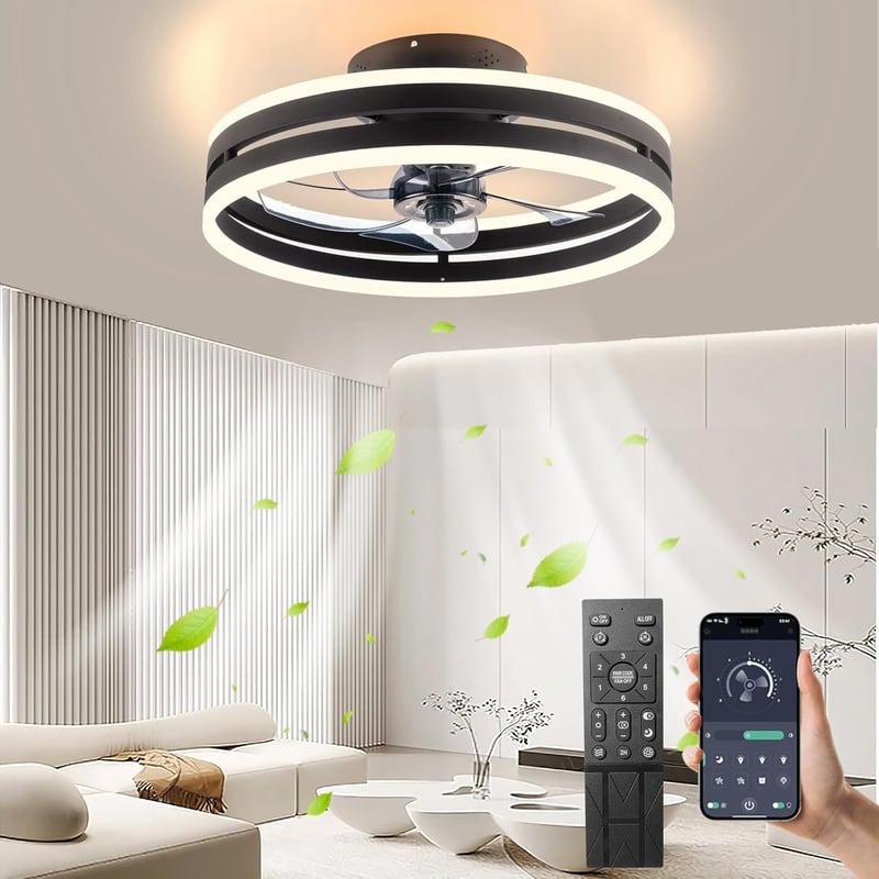 Revneey Mennyezeti Ventilátor Lámpával 50W - Fekete 40cm LED Lámpa Távirányítóval és Applikációval, 6 Sebességű Hálószobai Nappaliba Időzítő