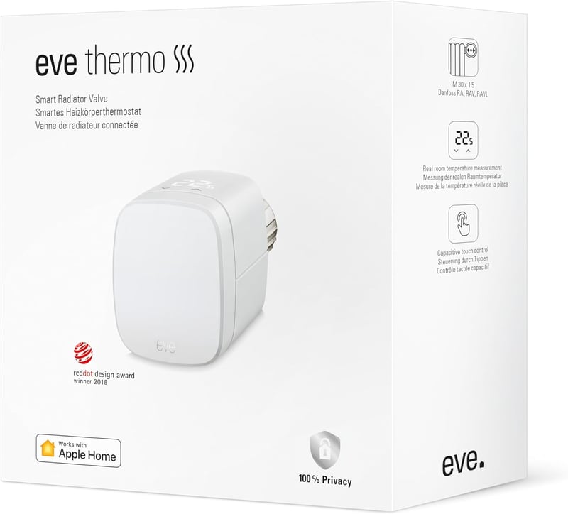 Eve Thermo - Okos radiátor termosztát, energiatakarékos fűtésvezérlés, applikációs időzítés, Thread kapcsolat, Apple HomeKit kompatibilis