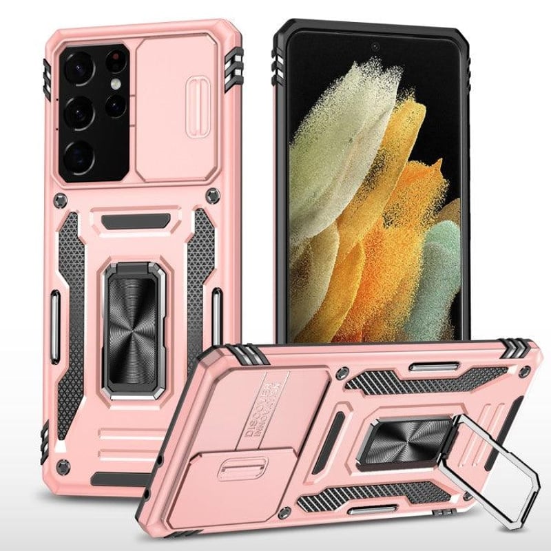 Samsung Galaxy S22 Ultra tok kameravédővel, fém gyűrűs tartóval - tengerészkék