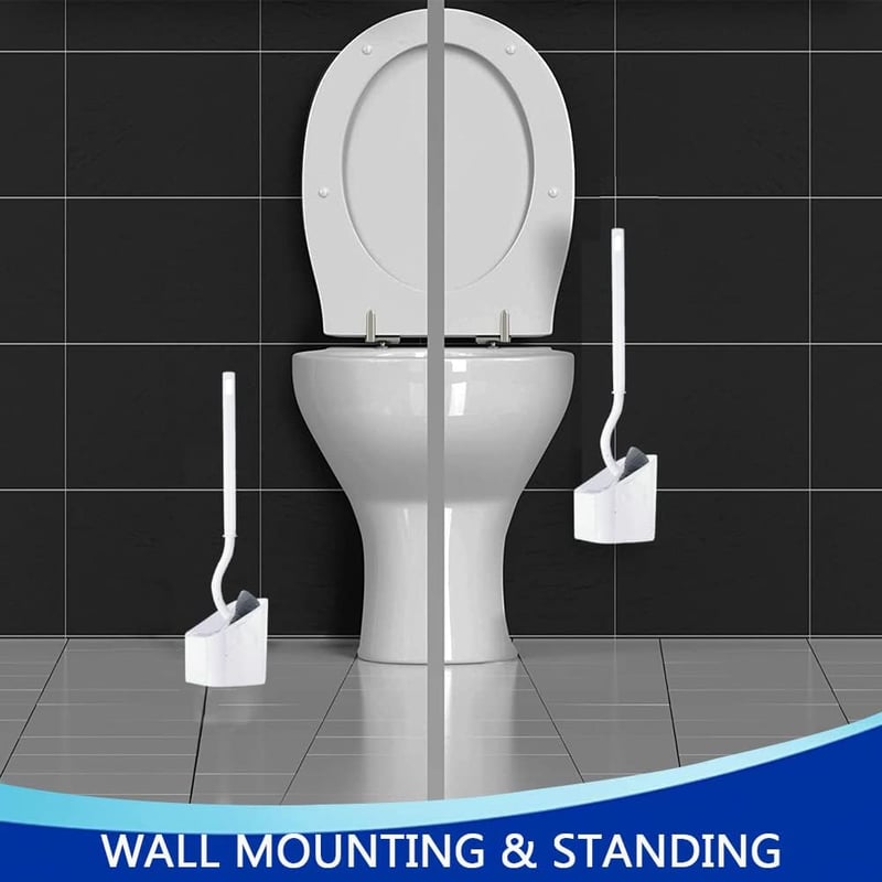 WC-kefe szett erős sörtékkel és peremtisztítóval - 2 db fehér, hosszú nyelű toilette kefe tartóval